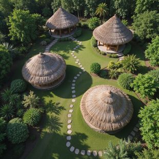 Aerial view of three thatched-roof huts connected by a stone path, surrounded by greenery.