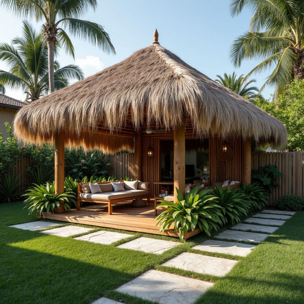Tropical-style outdoor gazebo with thatched roof, wood construction, seating, and lush greenery in a sunny backyard.