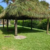 A grass-thatched roof structure supported by wooden posts on a grassy lawn.