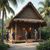 A small wooden cabin with people in work attire outside, surrounded by palm trees.
