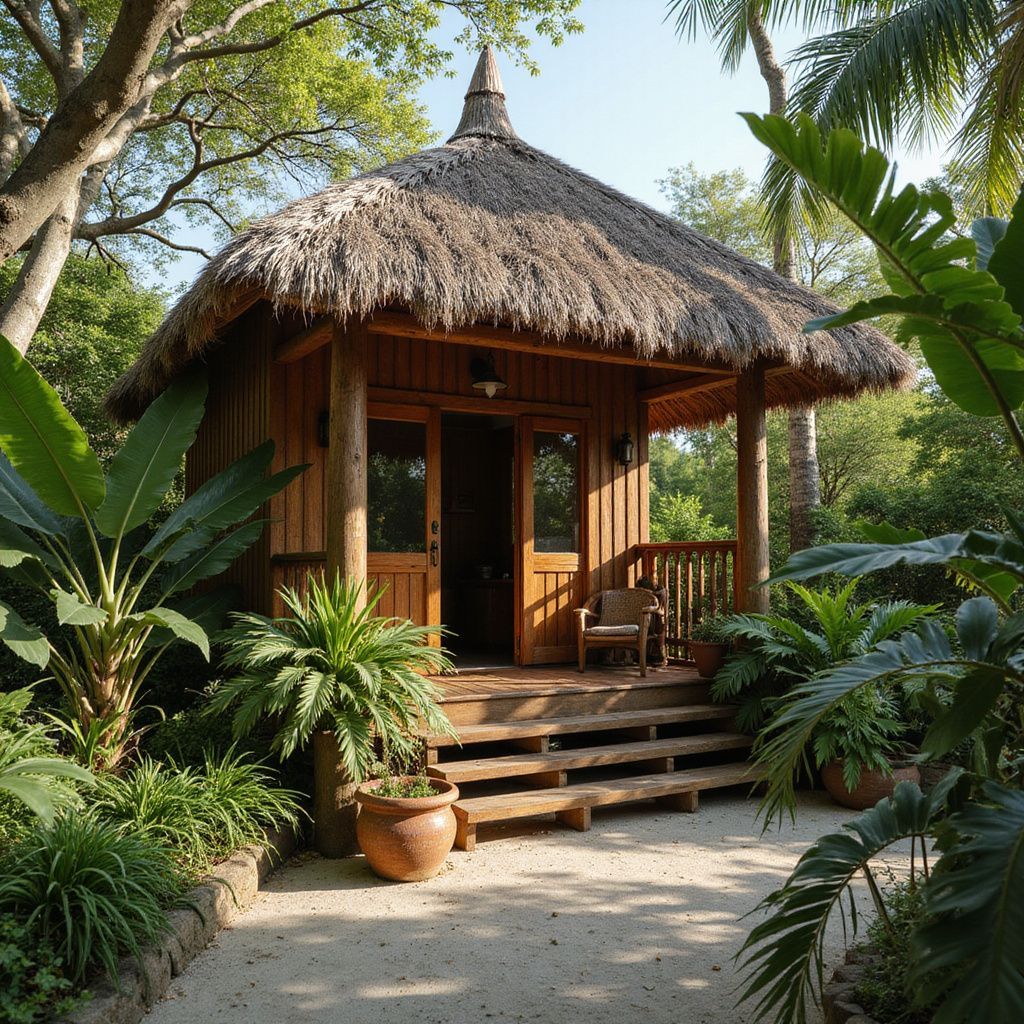 Wooden cabin with thatched roof, surrounded by lush greenery, plants, and stone pathway.