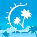 White silhouette of a Ferris wheel with palm trees on a blue background, suggesting a tropical vacation.