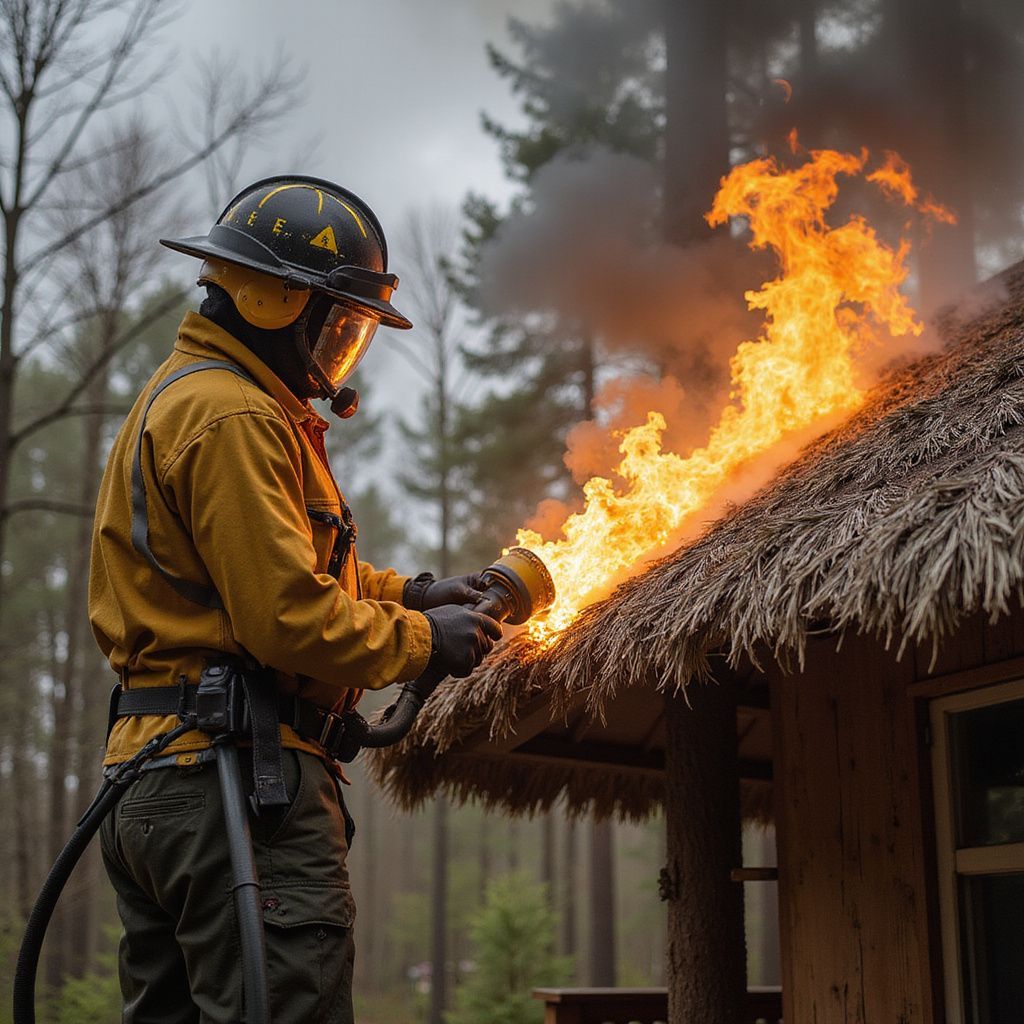 Firefighter spraying water on a burning thatched-roof cabin in a forest; yellow gear, flames.