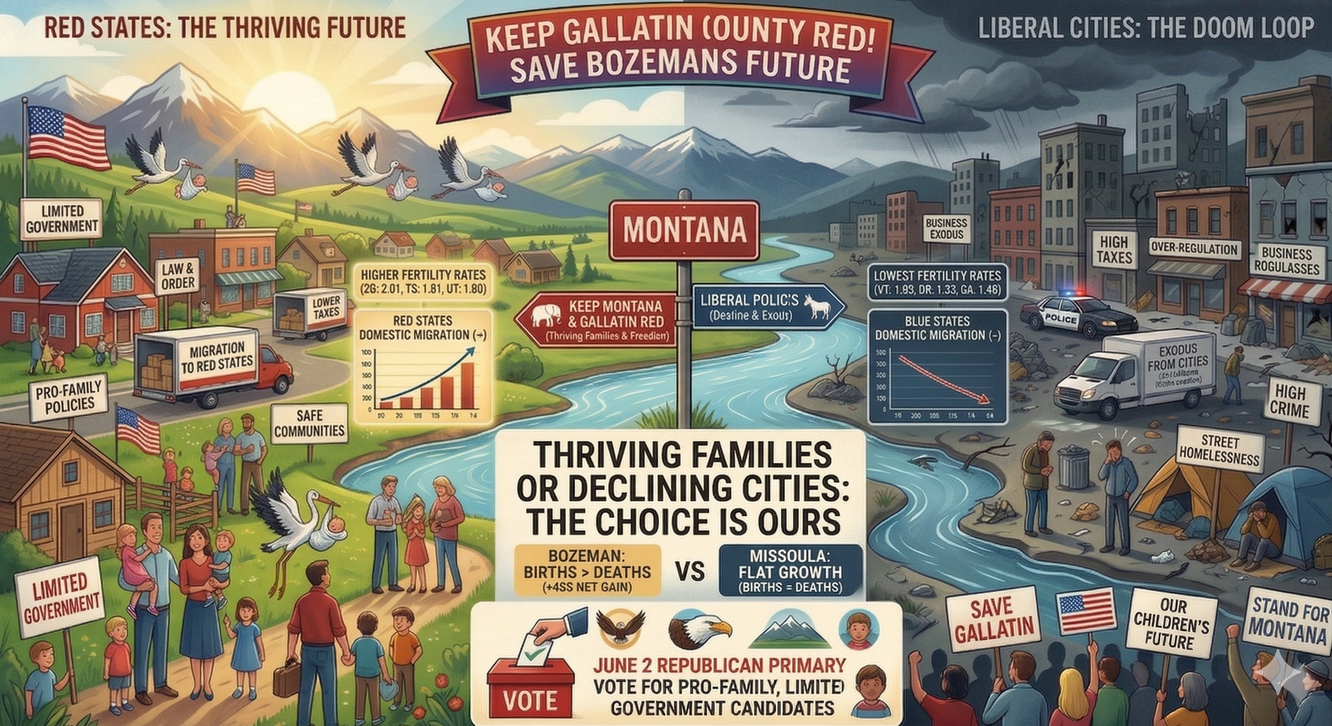 Red states thriving with high birth rates while liberal cities decline – Gallatin County Montana families and Bozeman skyline