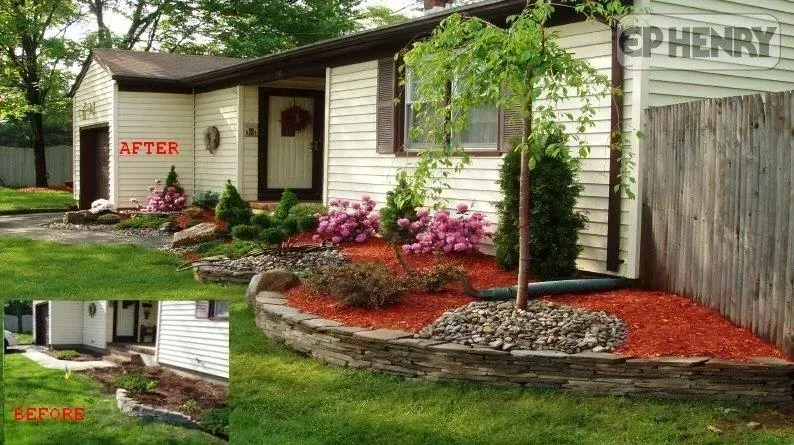 Before and after landscaping of a house with red mulch, stone border, and new plantings.