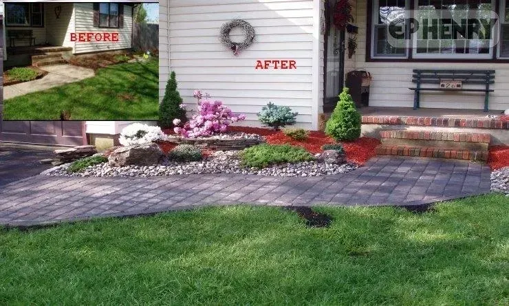 Before-and-after of a home's landscaping. Paved walkway, new garden with rocks, shrubs, and mulch replace grassy area.