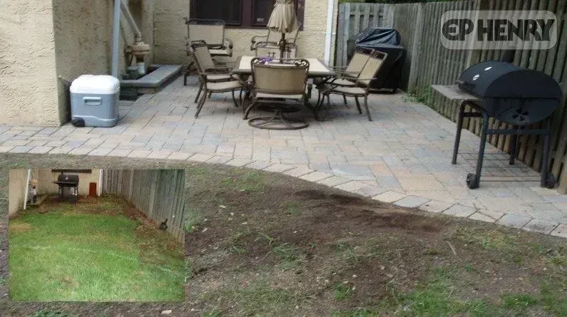 Brick patio with dining set and grill, next to a grassy area before and after construction.