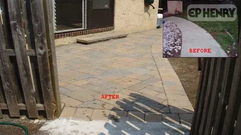 Patio with brick pavers after installation, compared to 