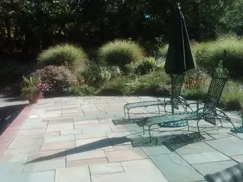 Patio with two lounge chairs and umbrella. Lush green shrubs and trees in background.