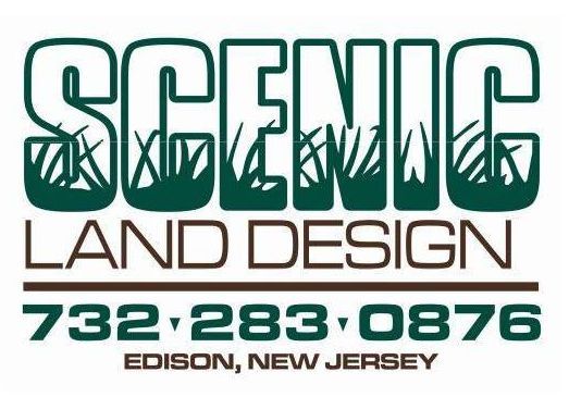 Logo for Scenic Land Design, featuring green text "SCENIC" over grass, brown text "LAND DESIGN", phone number, and location.