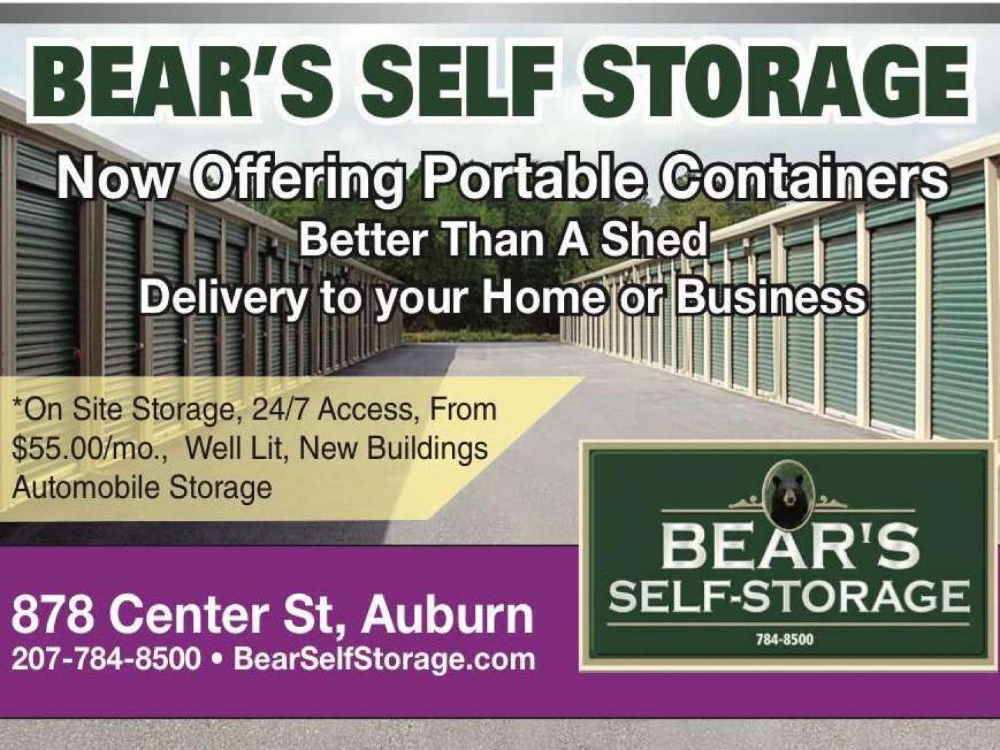 an advertisement for bear's self storage offering portable containers