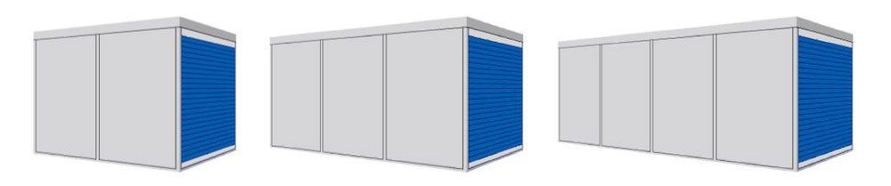 three shipping containers with blue sides on a white background