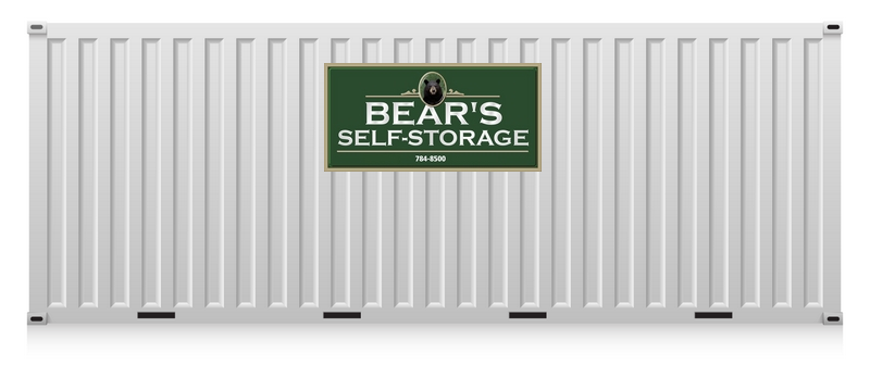 a white container with a green sign that says bear 's self storage