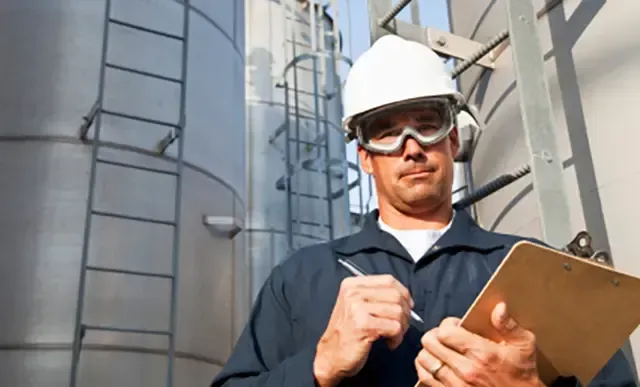 A man wearing a hard hat and goggles is writing on a clipboard.