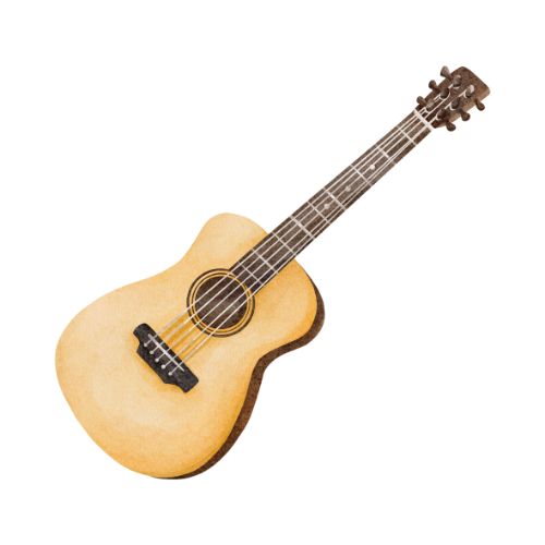 An acoustic guitar is shown on a white background