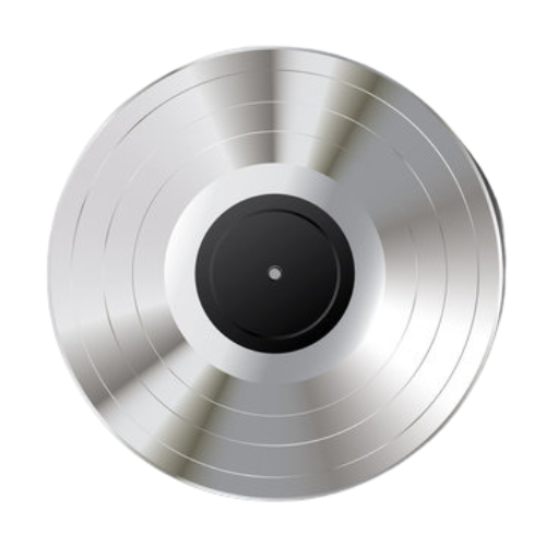A silver record with a black label on a white background