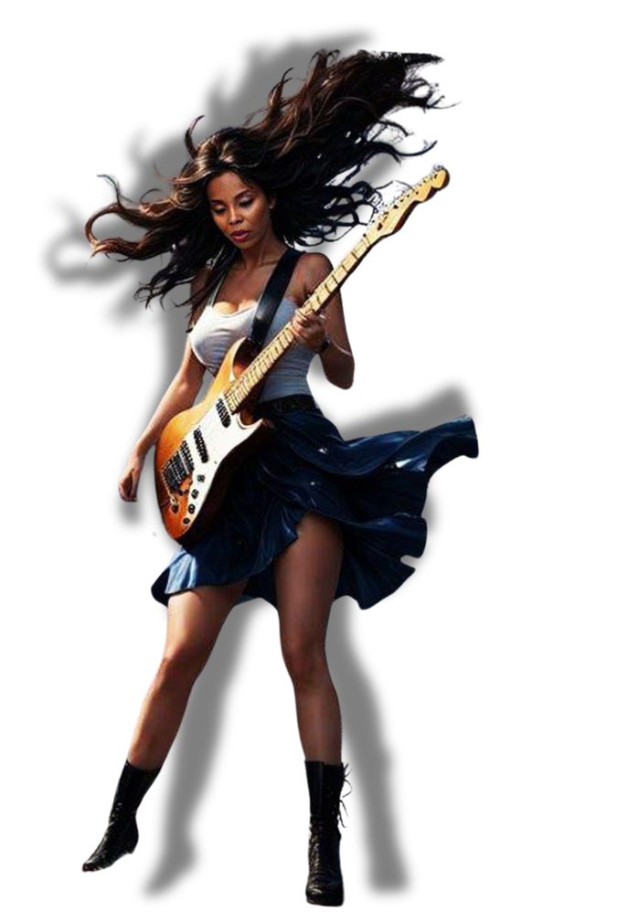 A woman in a blue skirt is playing an electric guitar