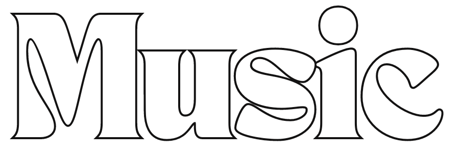 A black and white drawing of the word music on a white background.