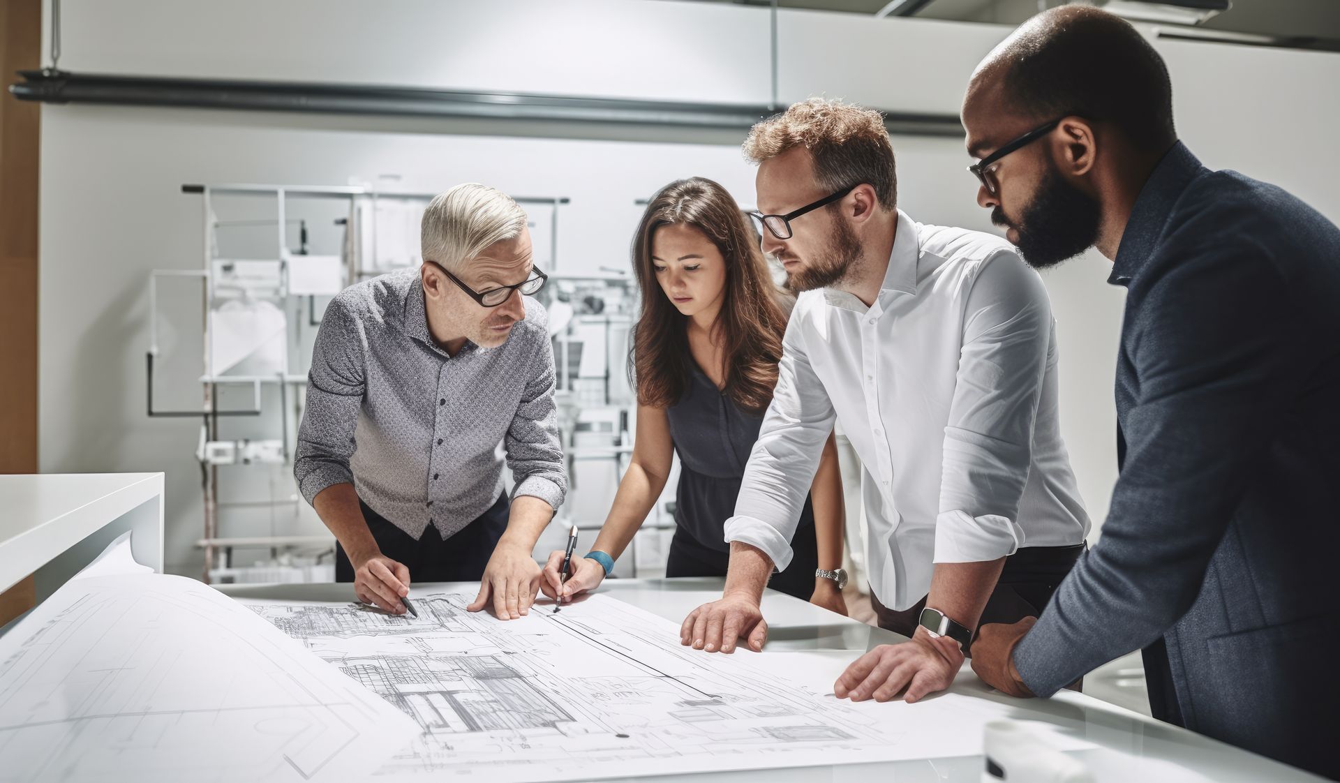 a group of people are looking at a blueprint on a table .