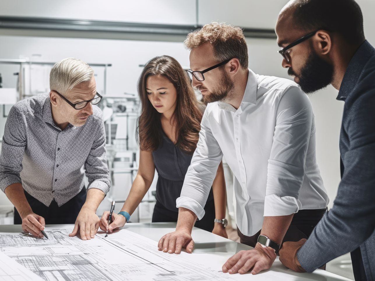 a group of people are looking at a blueprint on a table .