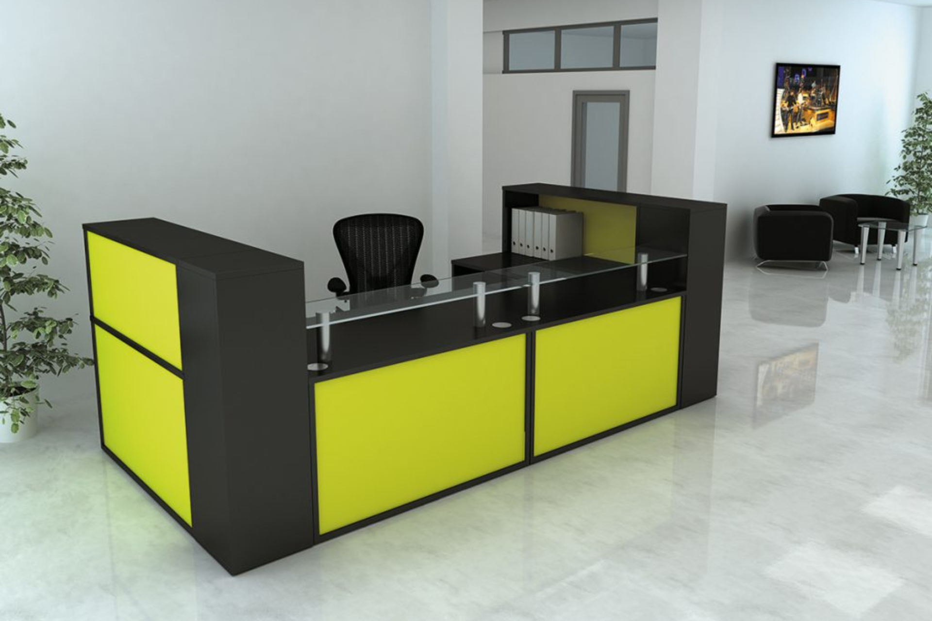 a black and yellow reception desk in an office