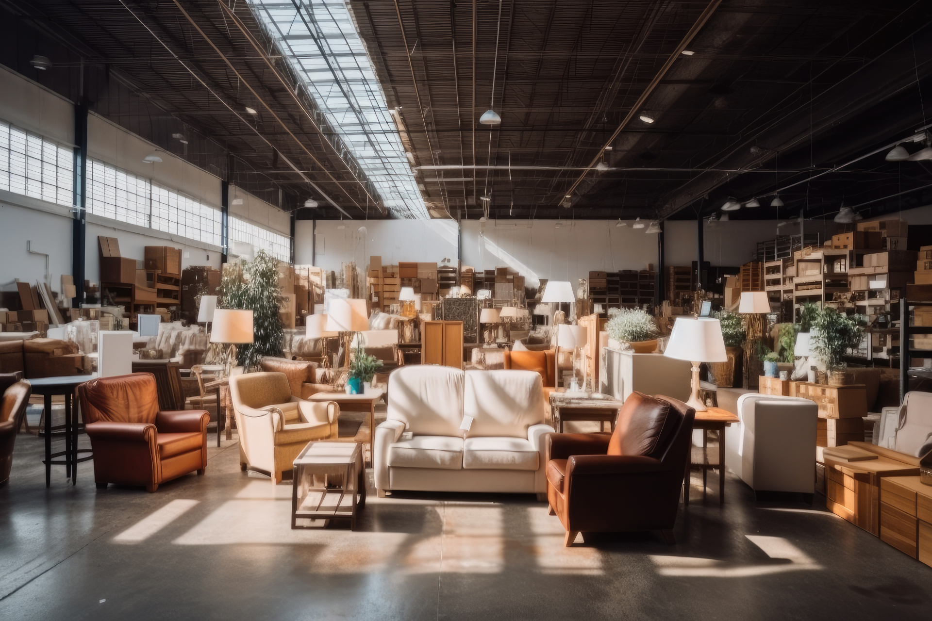 a large warehouse filled with furniture and lamps .