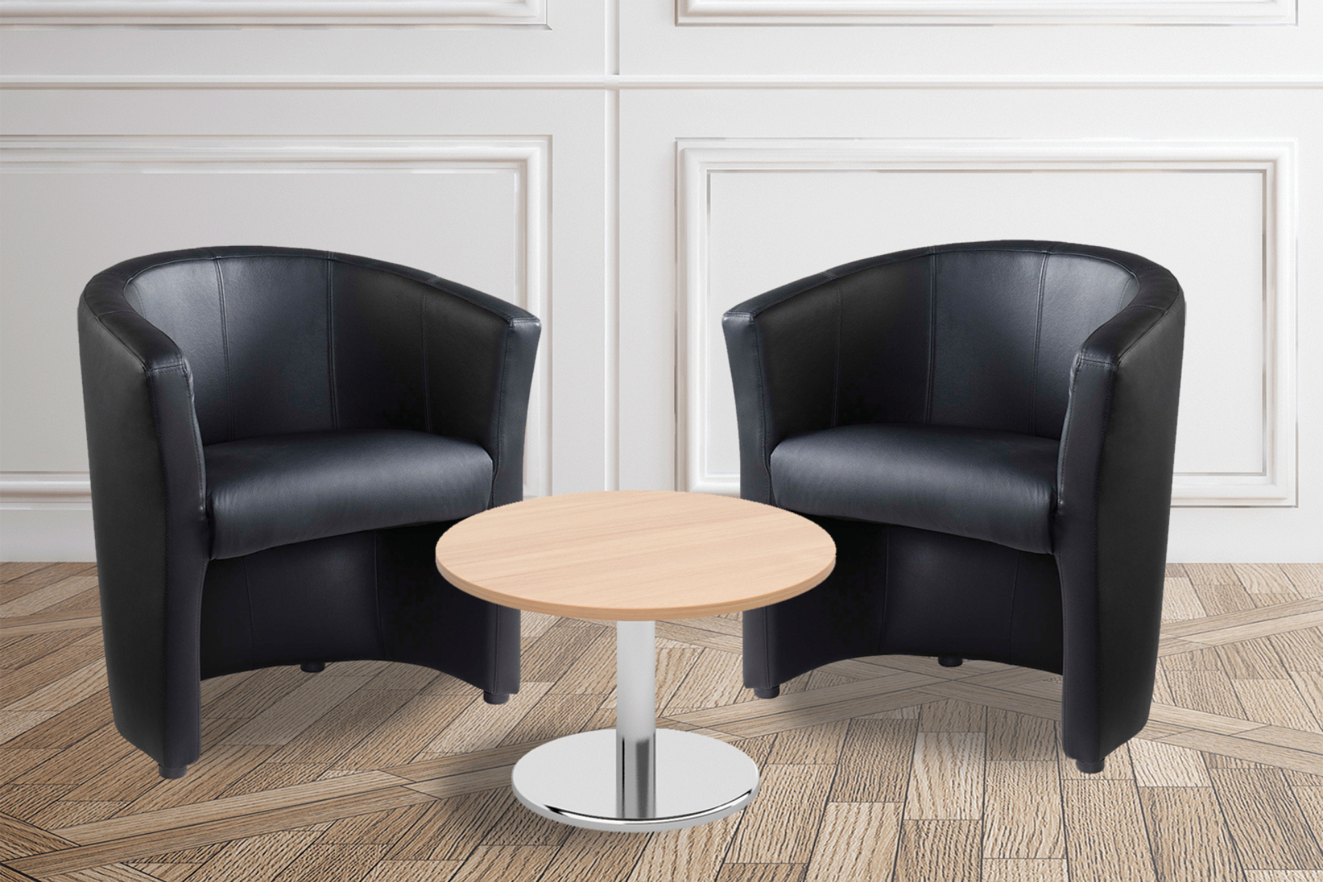 two black chairs and a wooden table in a room .