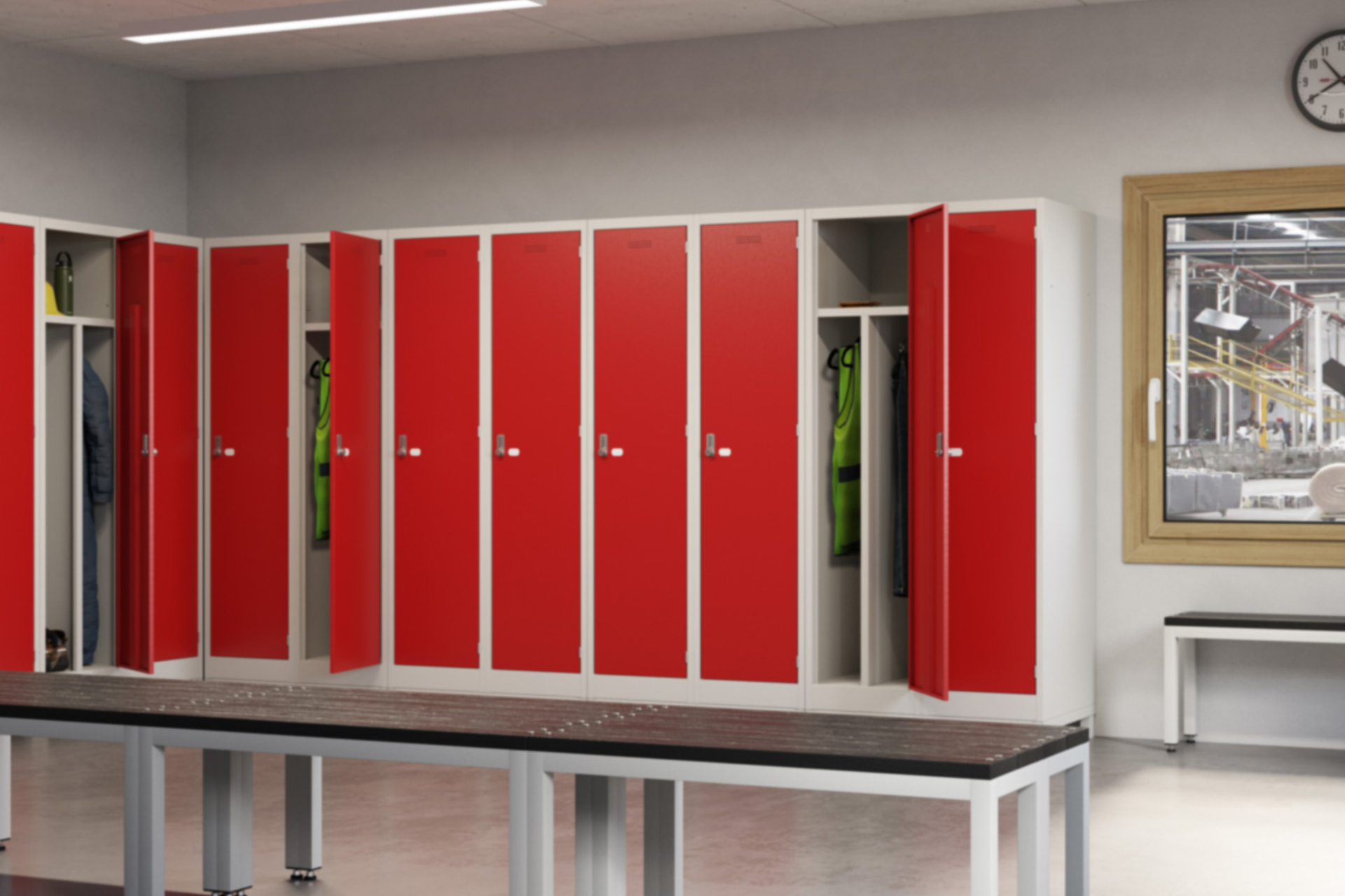 a locker room with red lockers and a bench