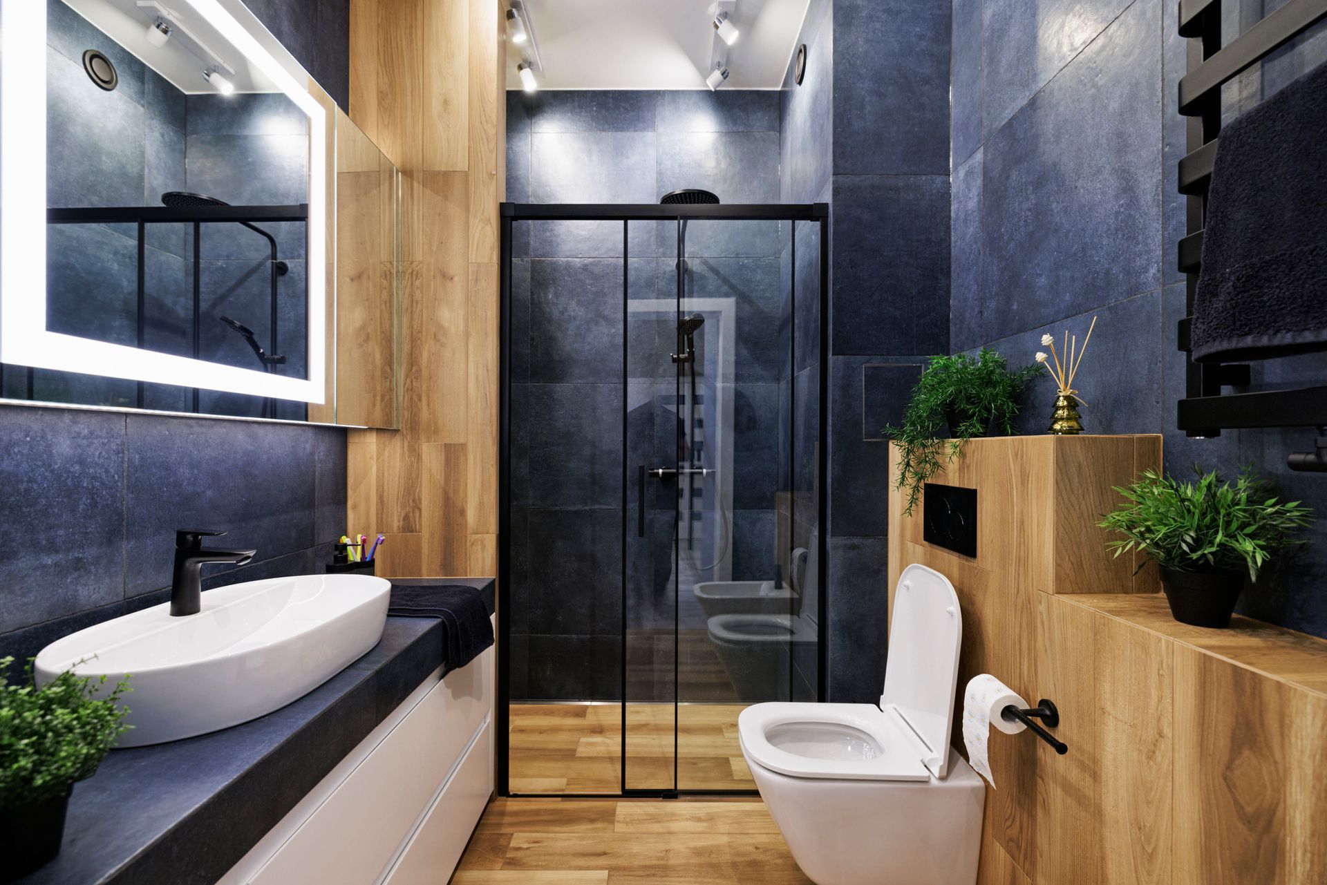 Modern, Dark Luxury Bathroom with Indigo and Wood Like Tiles | Castle Hill, Nsw | Galaxy Kitchens & Bathrooms