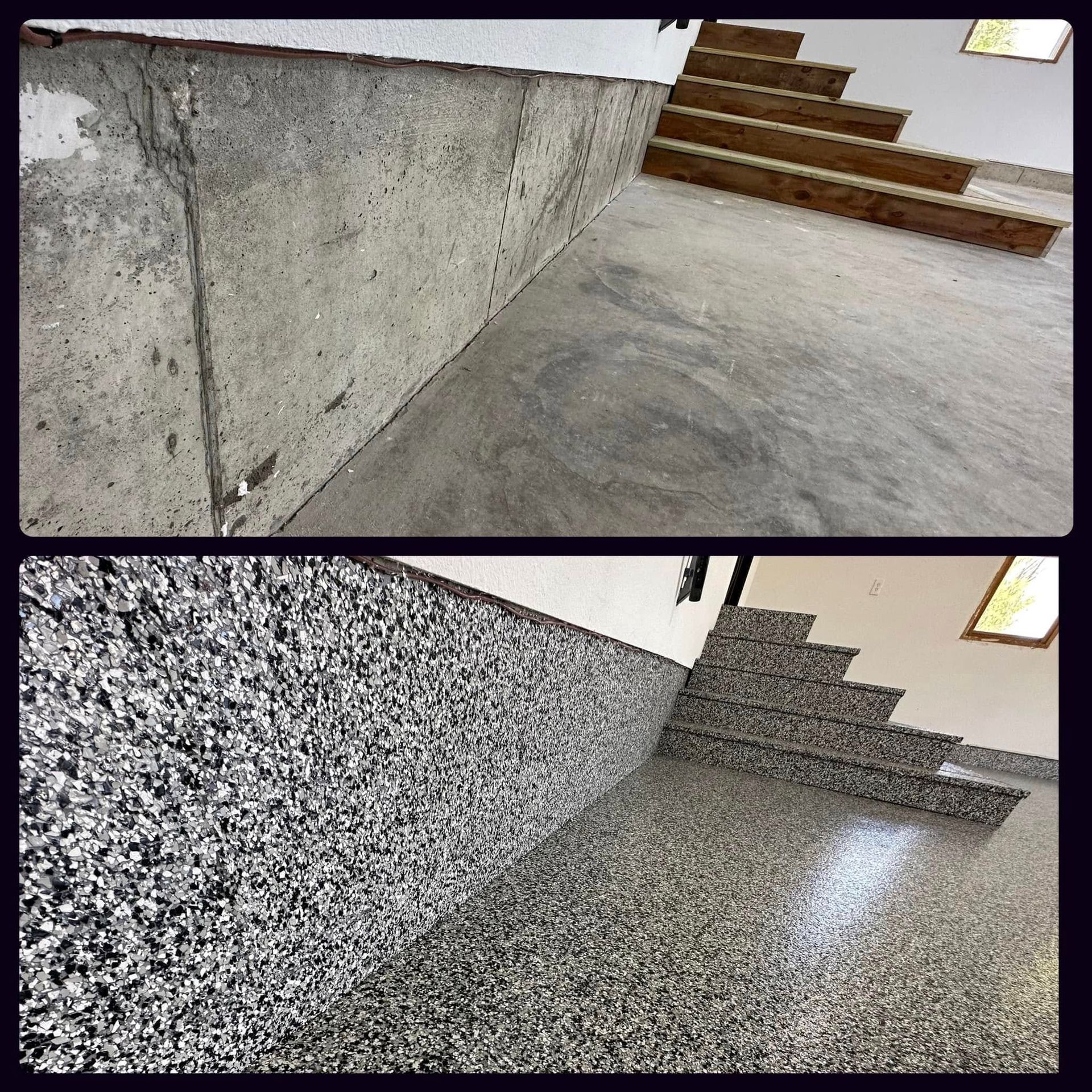 A before and after photo of a concrete wall and stairs.
