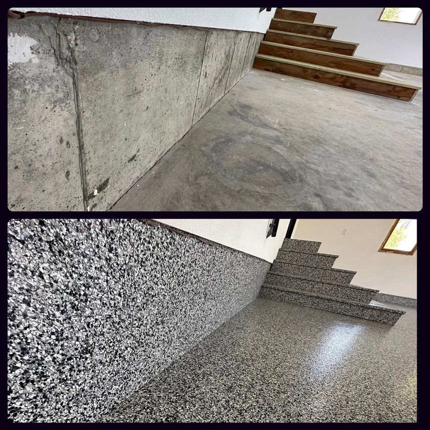 A before and after photo of a concrete wall and stairs.