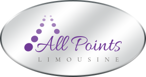 A silver oval logo for All Points Limousine with purple text and a graphic of dots forming an upward-pointing triangle.