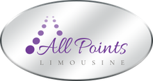A silver oval logo for All Points Limousine with purple text and a graphic of dots forming an upward-pointing triangle.