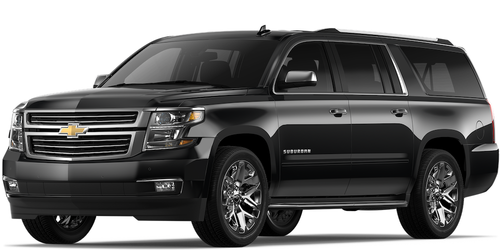 A black Chevrolet Suburban SUV viewed from the front three-quarter angle on a white background.