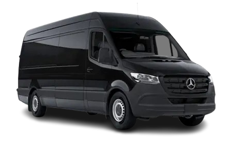 A black Mercedes-Benz Sprinter cargo van viewed from the front-right quarter against a plain white background.