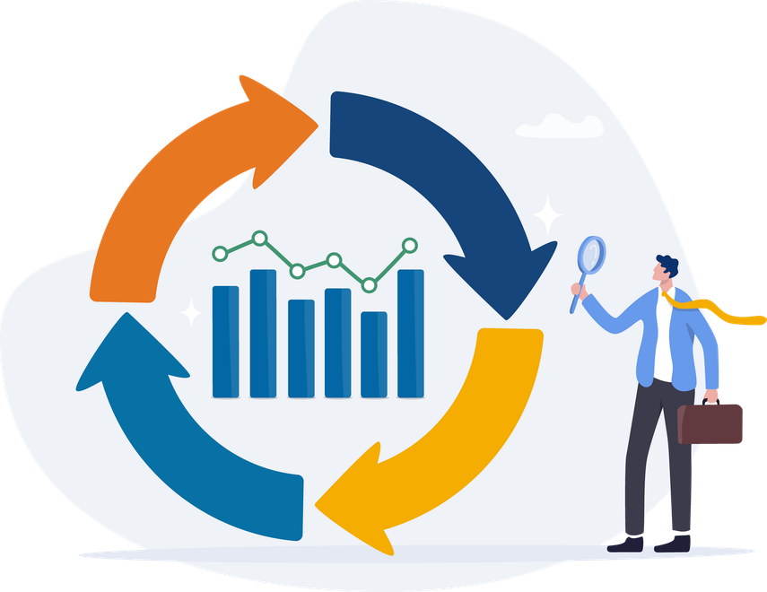 illustration of a man inspecting a chart representing revenue cycle management