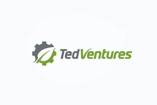 A logo for ted ventures with a gear and leaf on it.