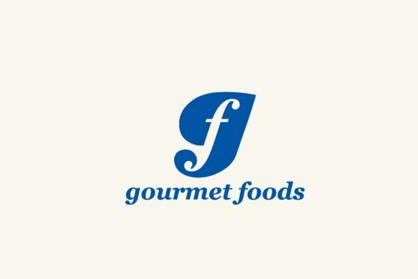 A logo for gourmet foods with a blue letter f on a white background