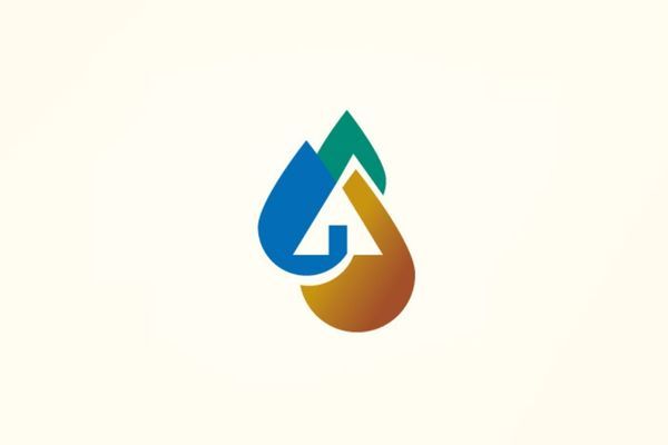 A logo with a drop of water and a mountain in the background