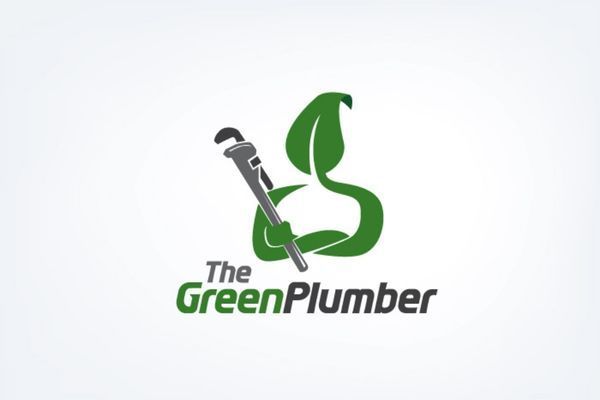 A logo for the green plumber with a leaf and a wrench