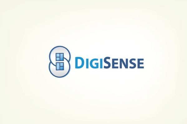 A blue and white logo for digisense on a white background