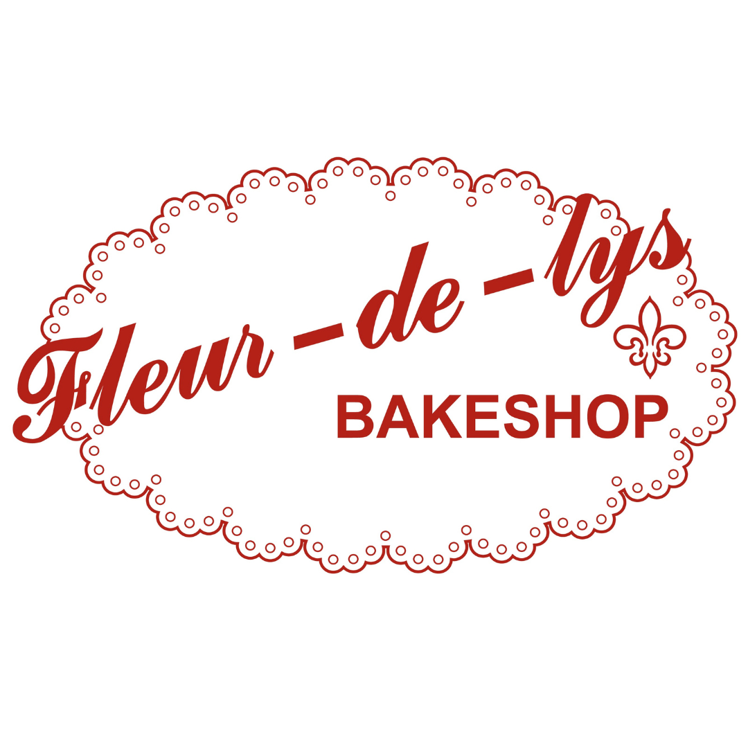The logo for fleur-de-lys bakeshop is red and has a lace frame around it.