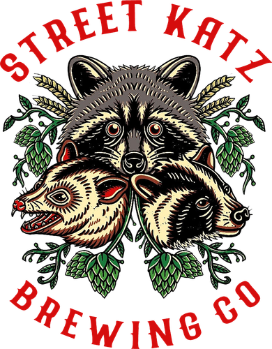The logo for street katz brewing co. shows a raccoon holding two bears ' heads.