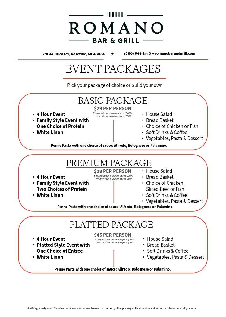 Menu for Romano Bar & Grill: Event Packages, including Basic, Premium, and Platted options.