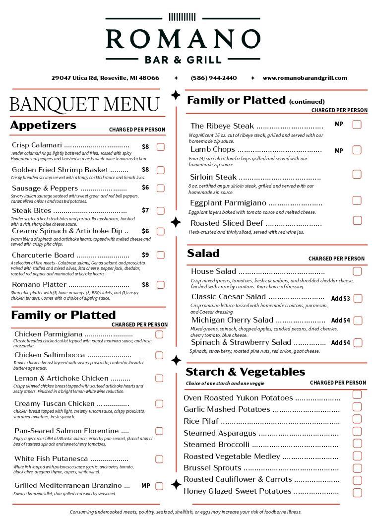 Romano Bar & Grill banquet menu with appetizers, family/plated options, salads, and starches/vegetables.