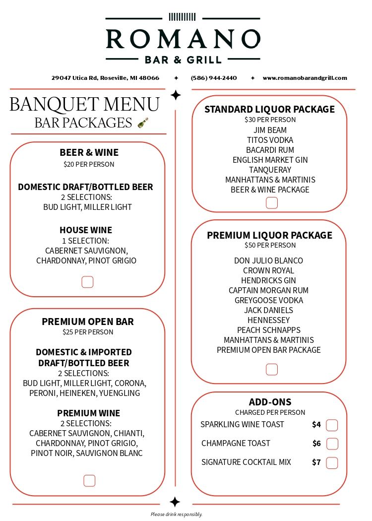Romano Bar & Grill banquet menu; featuring dinner options, bar packages, and add-ons.