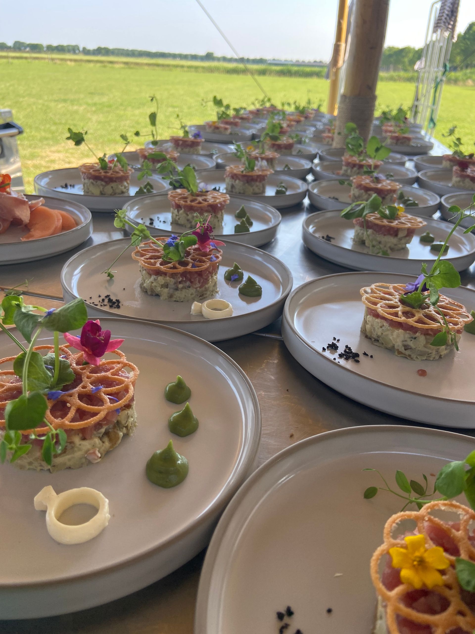 Tartaat op wit bord met een krokantje