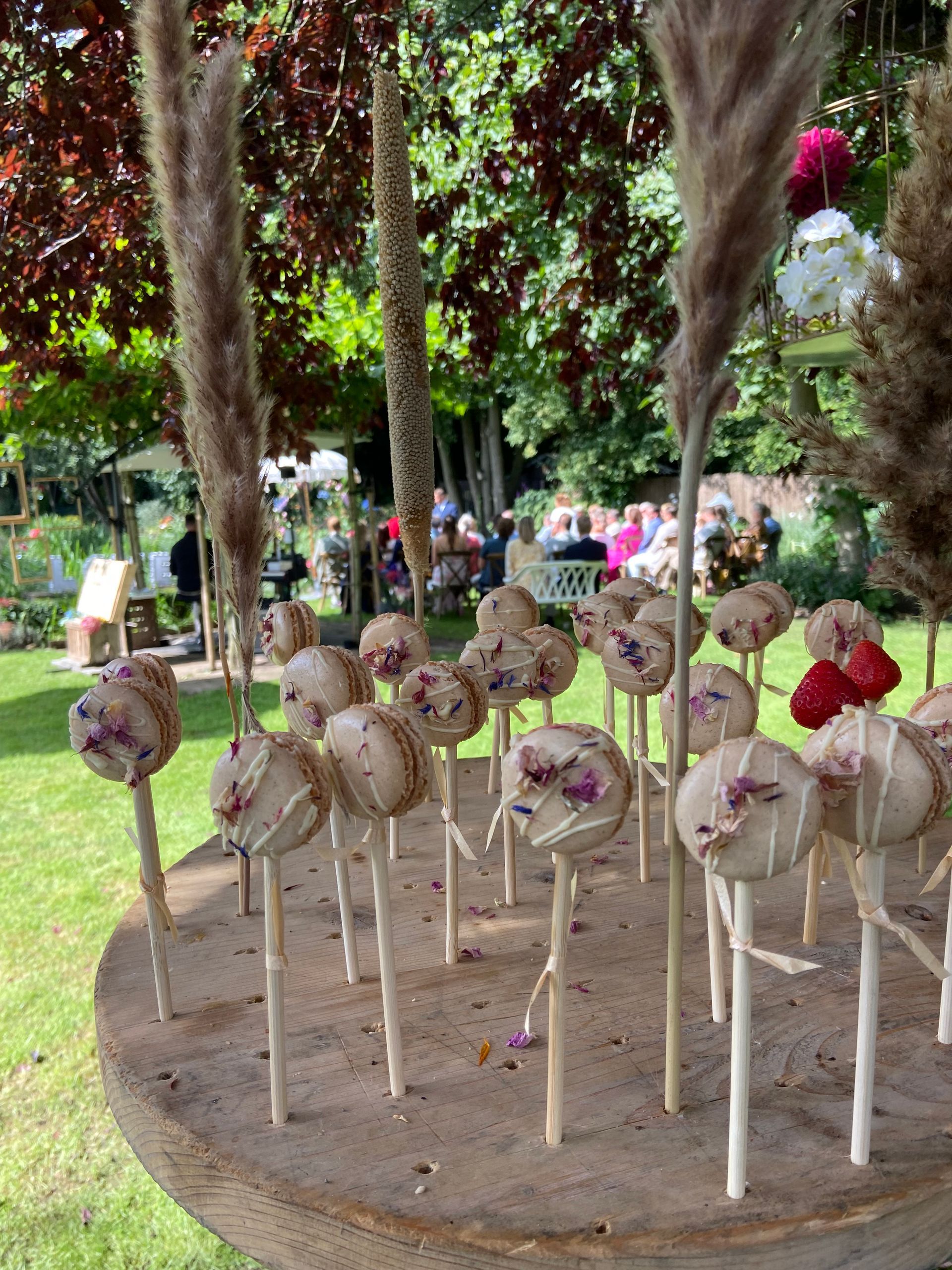 Catering voor op een feest, lolly macaron met eetbare bloemen