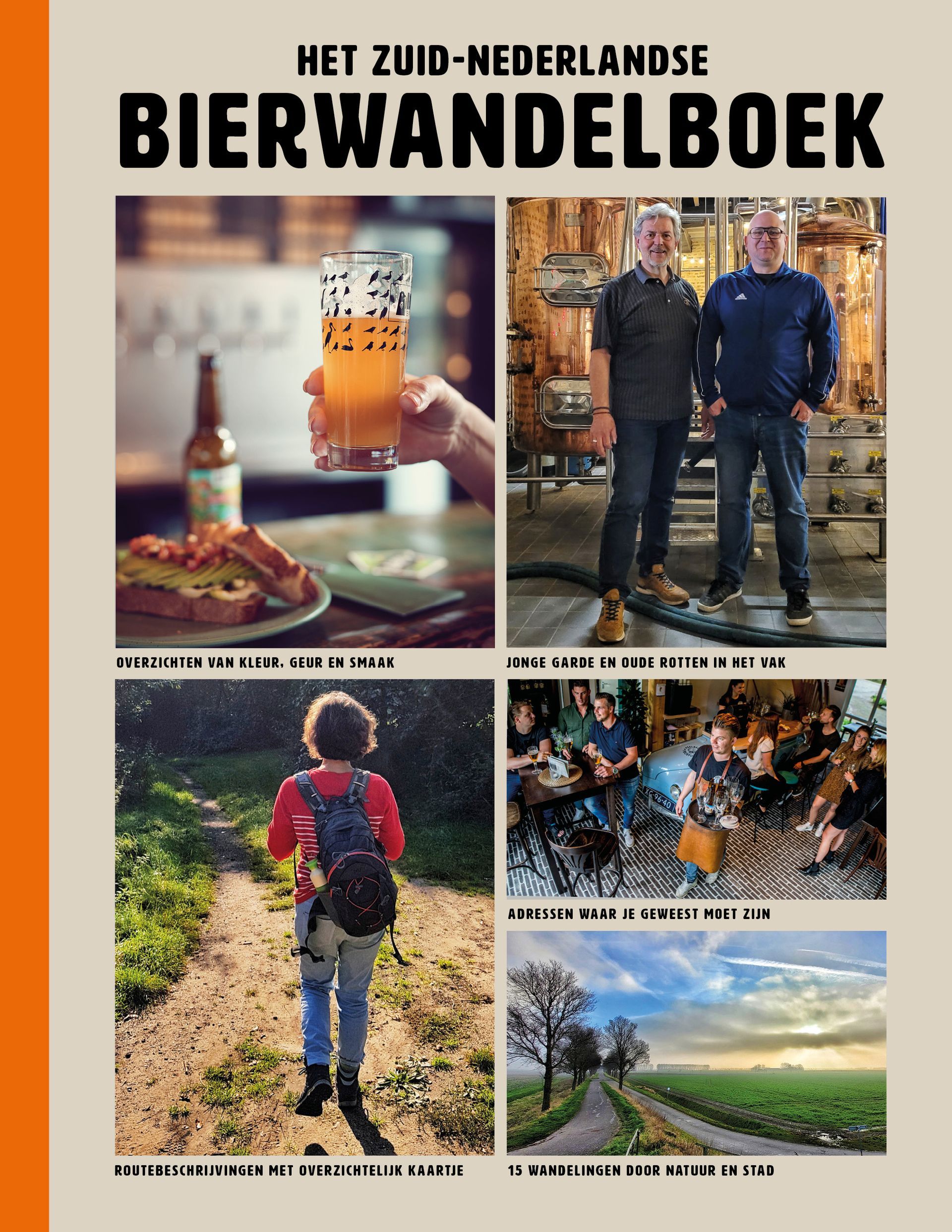 Omslag van een wandelgids voor bierliefhebbers: foto's van bier, mensen, een kind en het landschap.