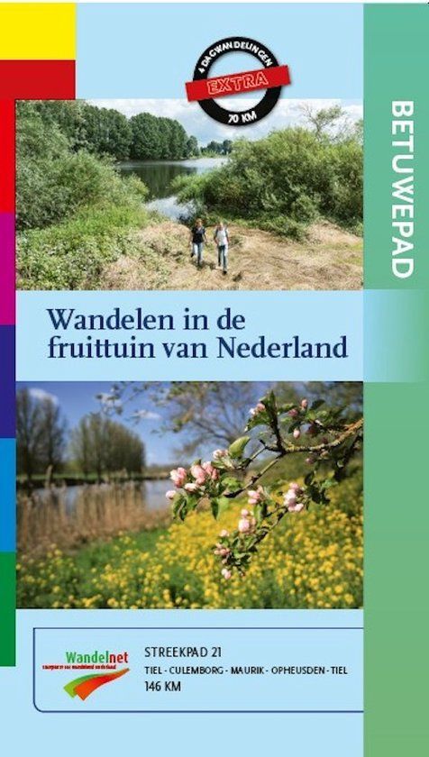 Brochureomslag: twee wandelende personen, rivierlandschap, "Wandelen in de fruittuin van Nederland", groene en blauwe tinten.